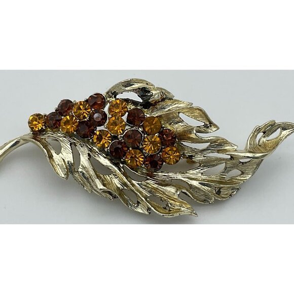 Vintage Autumn Leaf 3 in Brooch Amber & Brown Rhinestones Elegant Fall Fashion - Picture 2 of 4